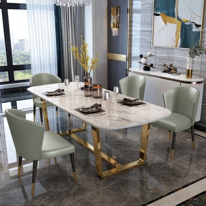 Minimalist stainless steel and Faux marble table design with luxurious golden accents.