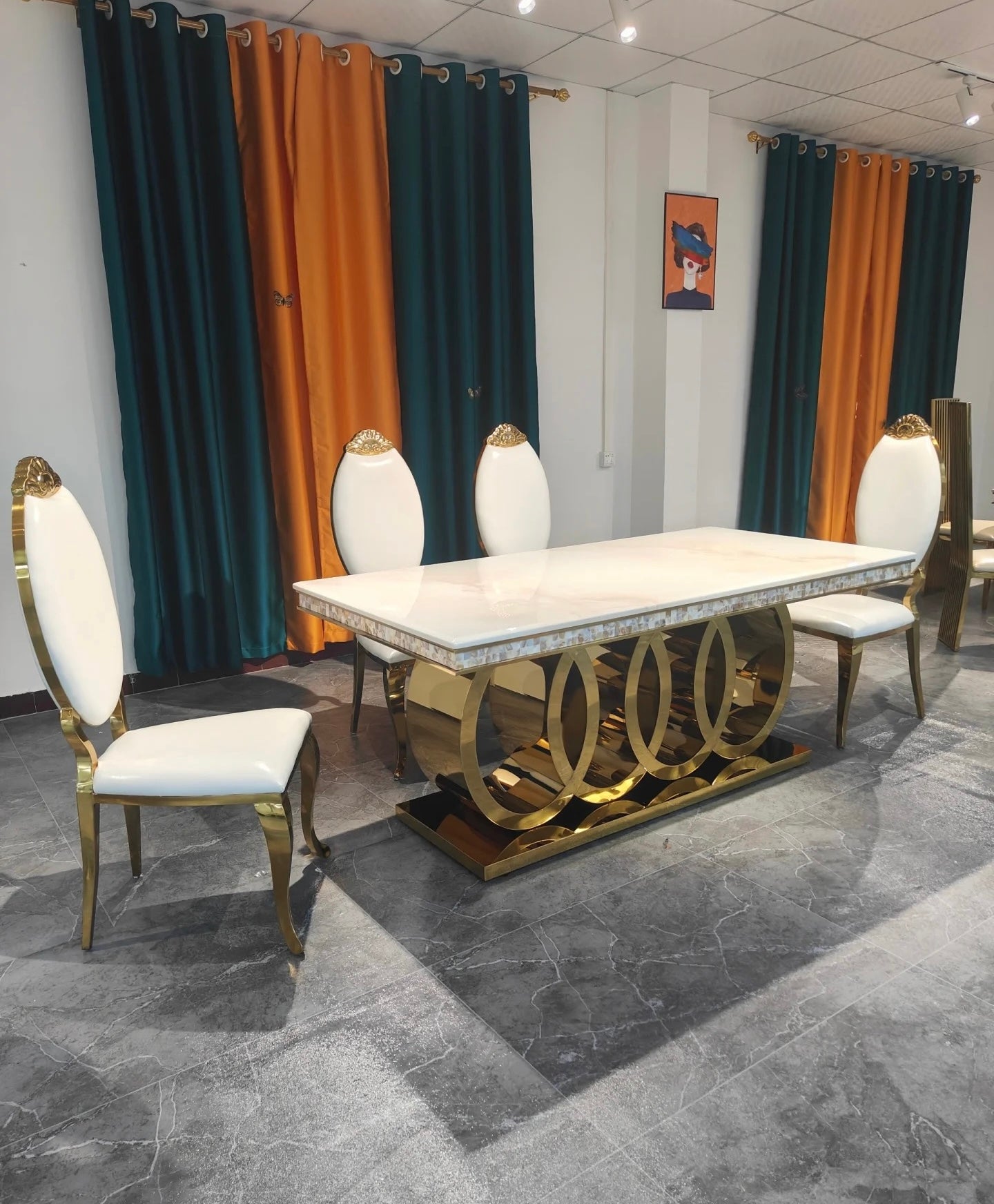 Zephyr Luxurious Gold Stainless Steel Dining Table with Marble Countertop for European Villa-style Large Dining Rooms
