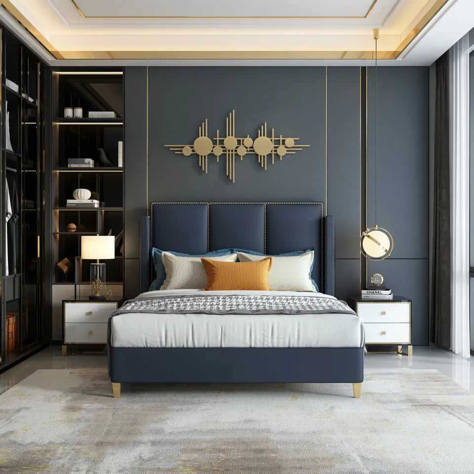 Zen Modern Upholstered Luxury Bed In Blue Leatherette