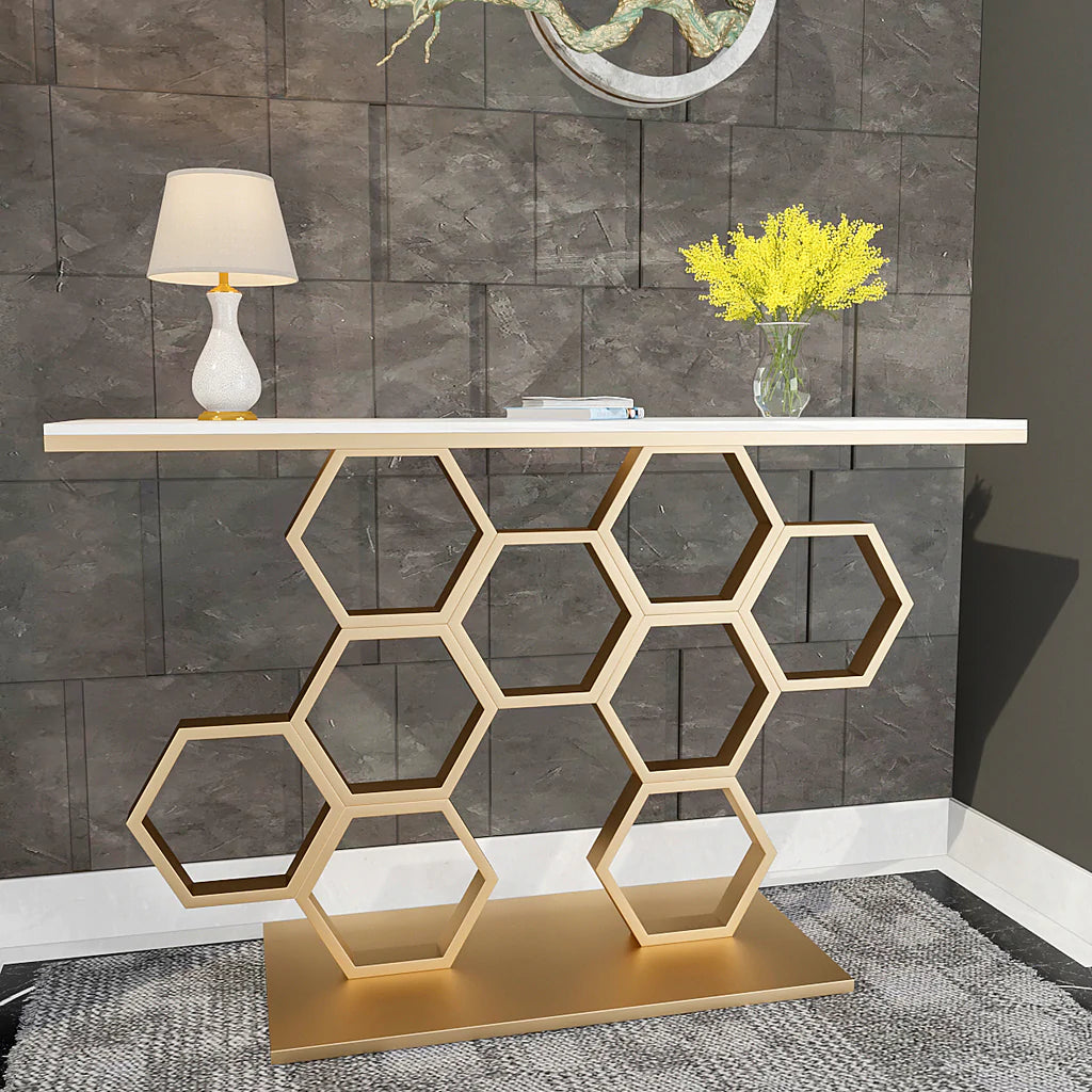 Noha Modern Honeycomb Motif Golden Metal Console Table