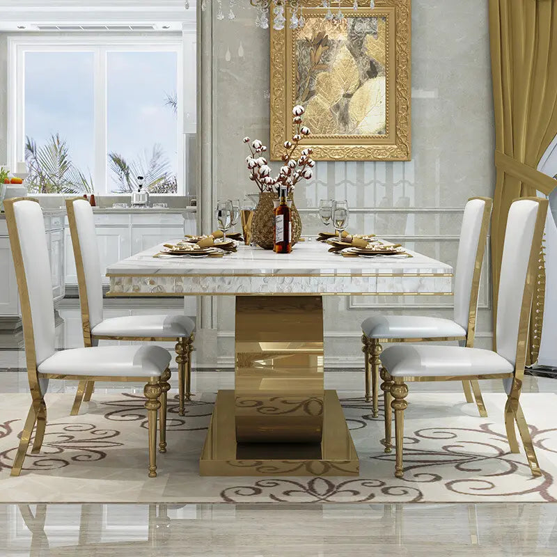 Zephyr Luxurious Gold Stainless Steel Dining Table with Marble Countertop for European Villa-style Large Dining Rooms