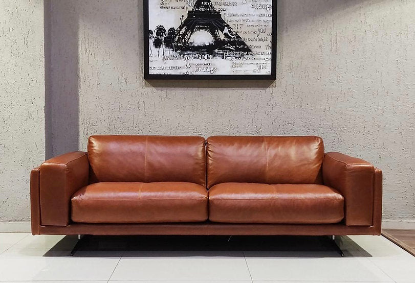 Chic Modern Walnut Leather Upholstered Sofa