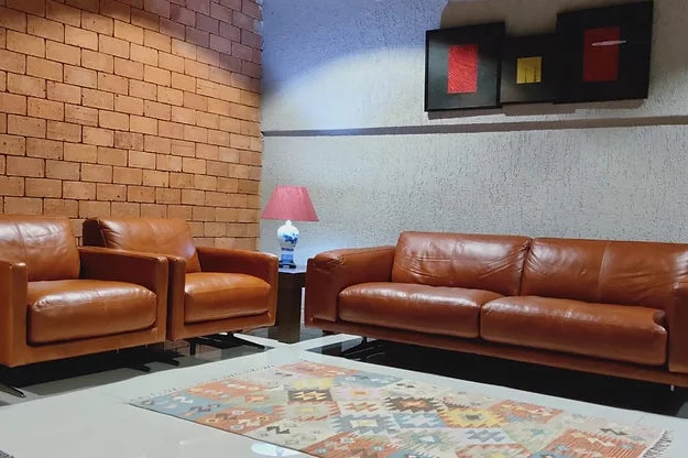 Chic Modern Walnut Leather Upholstered Sofa