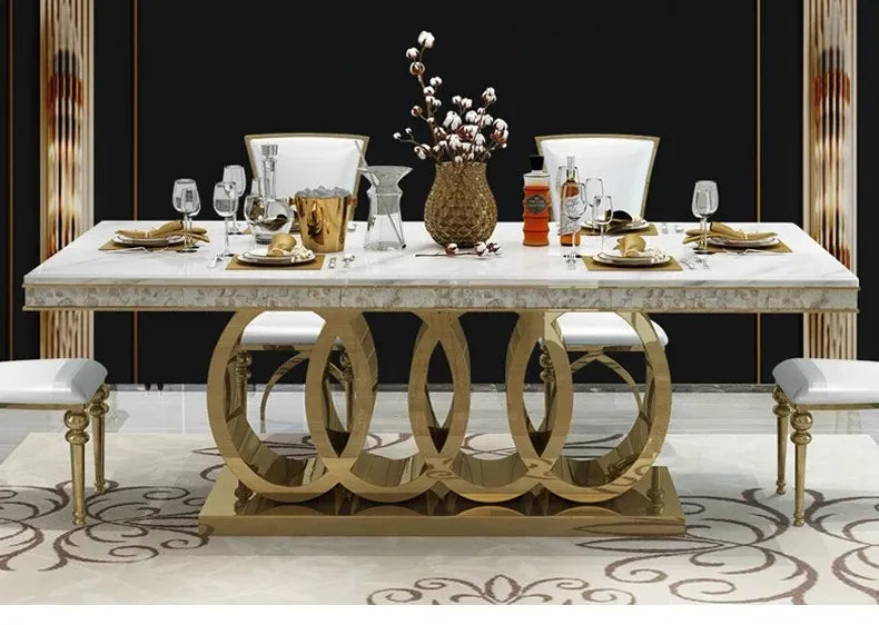 Zephyr Luxurious Gold Stainless Steel Dining Table with Marble Countertop for European Villa-style Large Dining Rooms