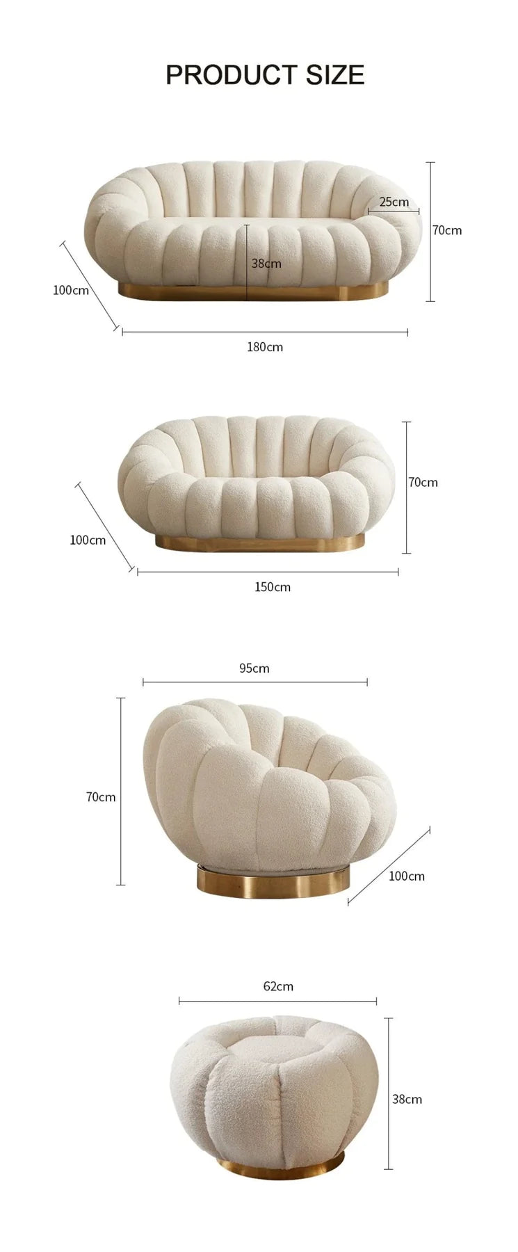 Ace Luxury Modern Pumpkin Suede Rounded Sofa Set