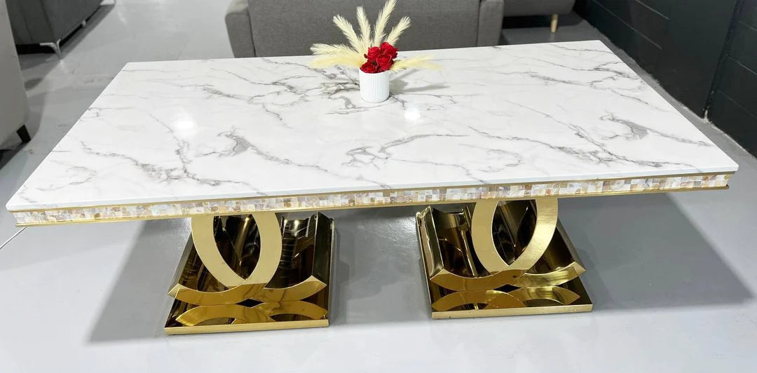 Zora Luxurious Gold Stainless Steel Dining Table with Marble Countertop