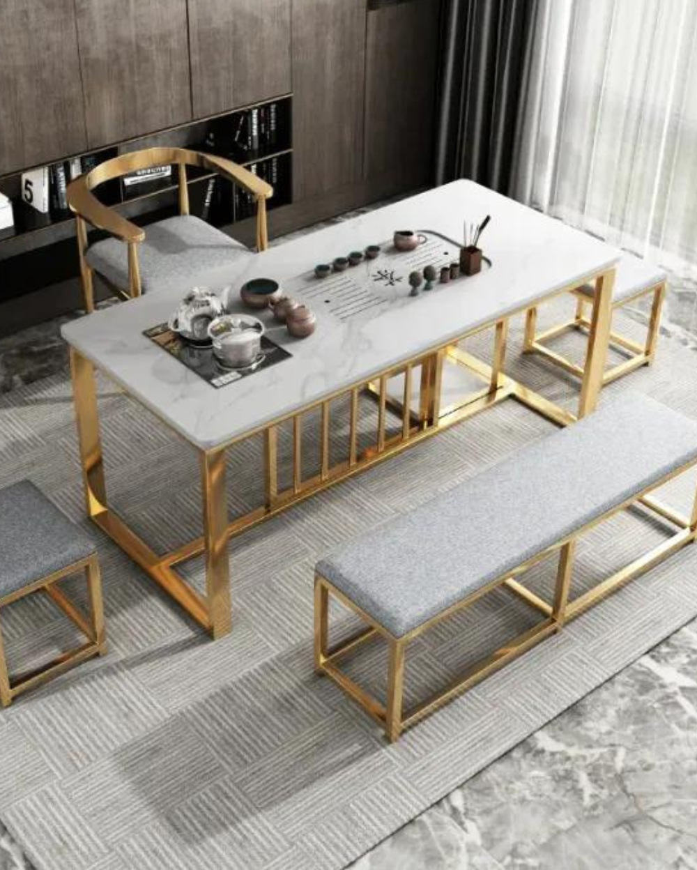 Seno 6 Seater Modern Dining Table In Matt Gold