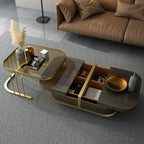 Beats Modern Nesting Coffee Table with Hidden Storage Tempered Glass Top Walnut & Gold