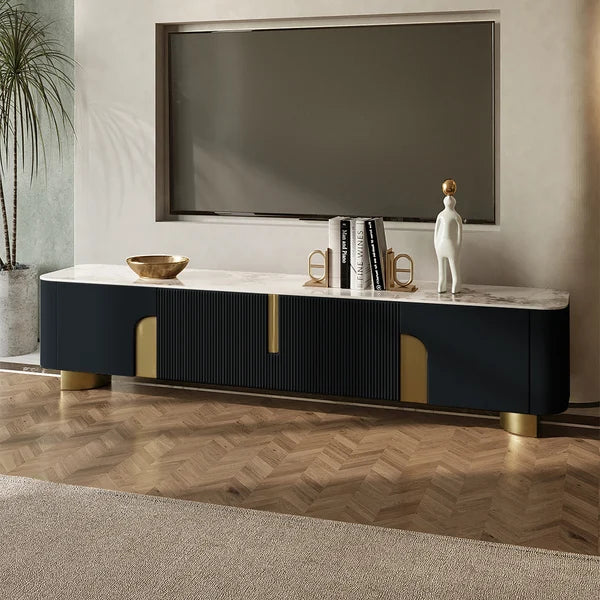 Urbana Modern TV Stand With Marble Top 4 Doors with Storage