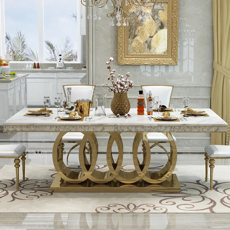 Zephyr Luxurious Gold Stainless Steel Dining Table with Marble Countertop for European Villa-style Large Dining Rooms