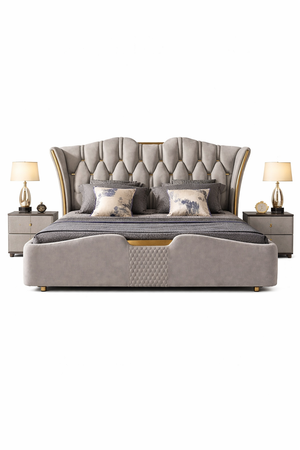 Vogue Modern Wingback Light Gray Upholstered Tufted Bed