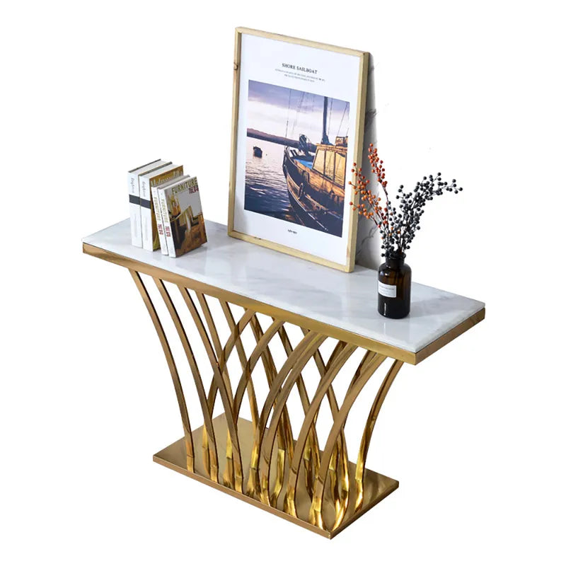 Chloe Luxurious Rectangular Console Table with White Marble Top and Brushed Golden Base