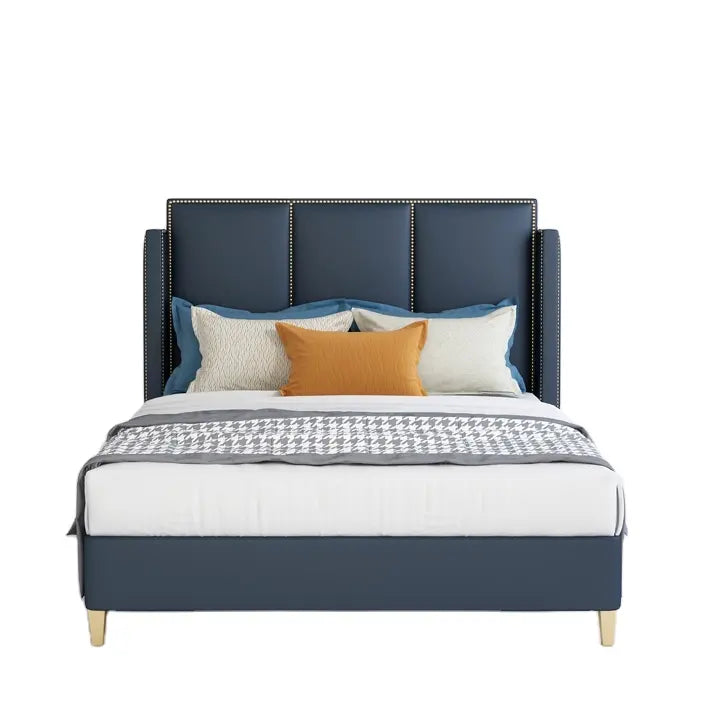Zen Modern Upholstered Luxury Bed In Blue Leatherette