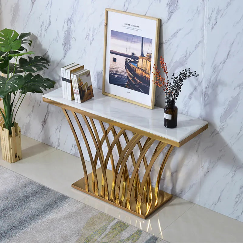 Chloe Luxurious Rectangular Console Table with White Marble Top and Brushed Golden Base