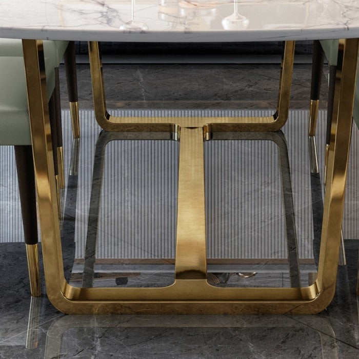 Minimalist stainless steel and Faux marble table design with luxurious golden accents.
