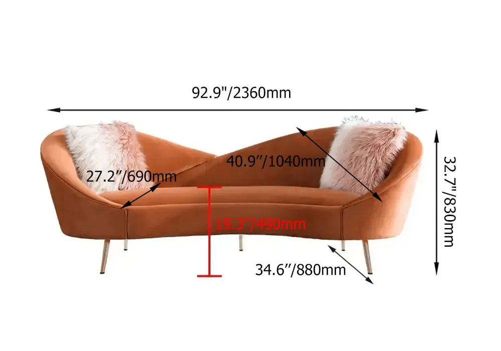 Frosty Modern Curvy Orange Velvet Upholstered 3-Seater Sofa