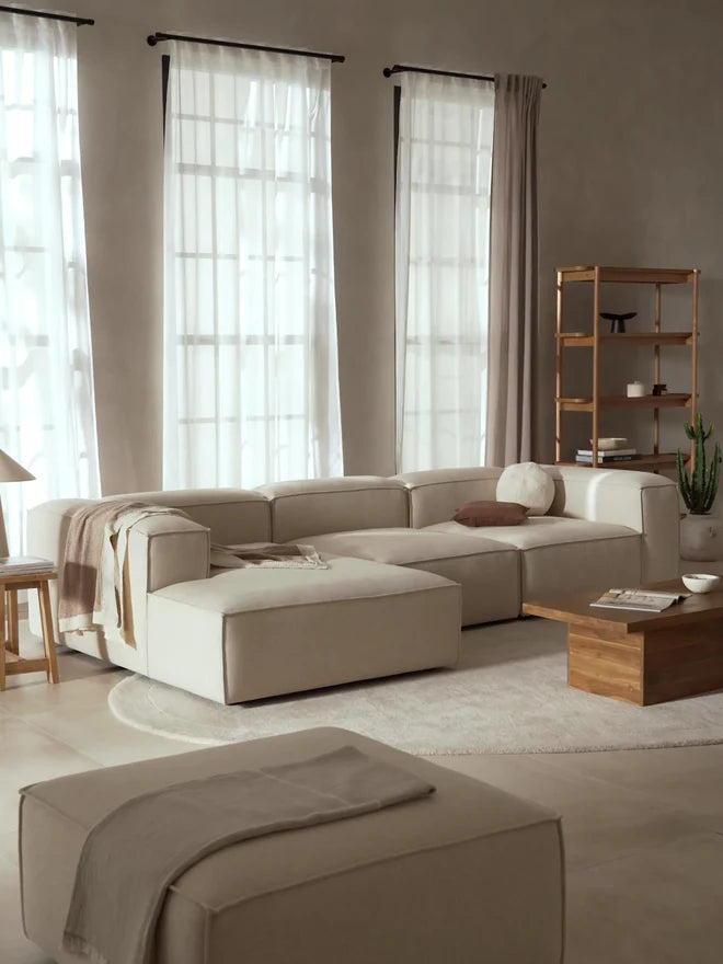 The Elara Corner Sofa — Four-Seater, Beige Linen-Blend Upholstery