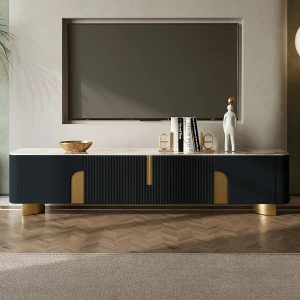Urbana Modern TV Stand With Marble Top 4 Doors with Storage
