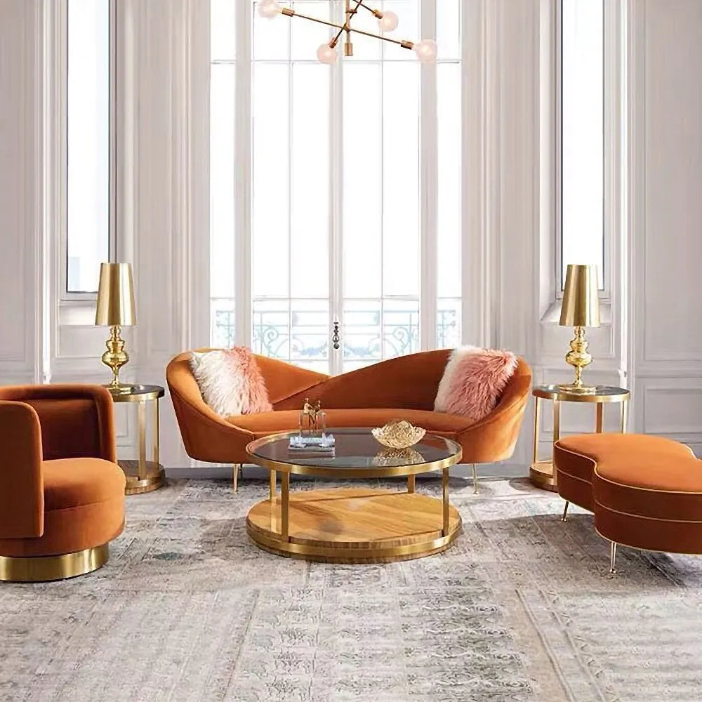 Frosty Modern Curvy Orange Velvet Upholstered 3-Seater Sofa