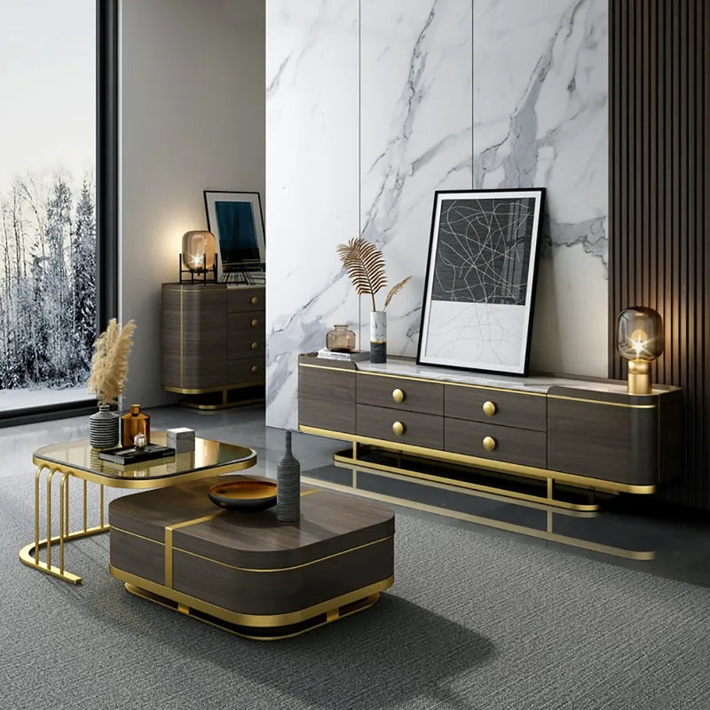Beats Modern Nesting Coffee Table with Hidden Storage Tempered Glass Top Walnut & Gold