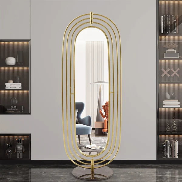 Klein Oval Decorative Full Length Standing Floor Mirror Decor in Gold with Marble Base