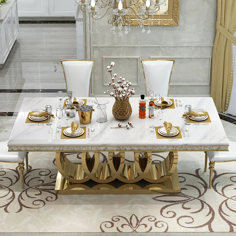 Zephyr Luxurious Gold Stainless Steel Dining Table with Marble Countertop for European Villa-style Large Dining Rooms