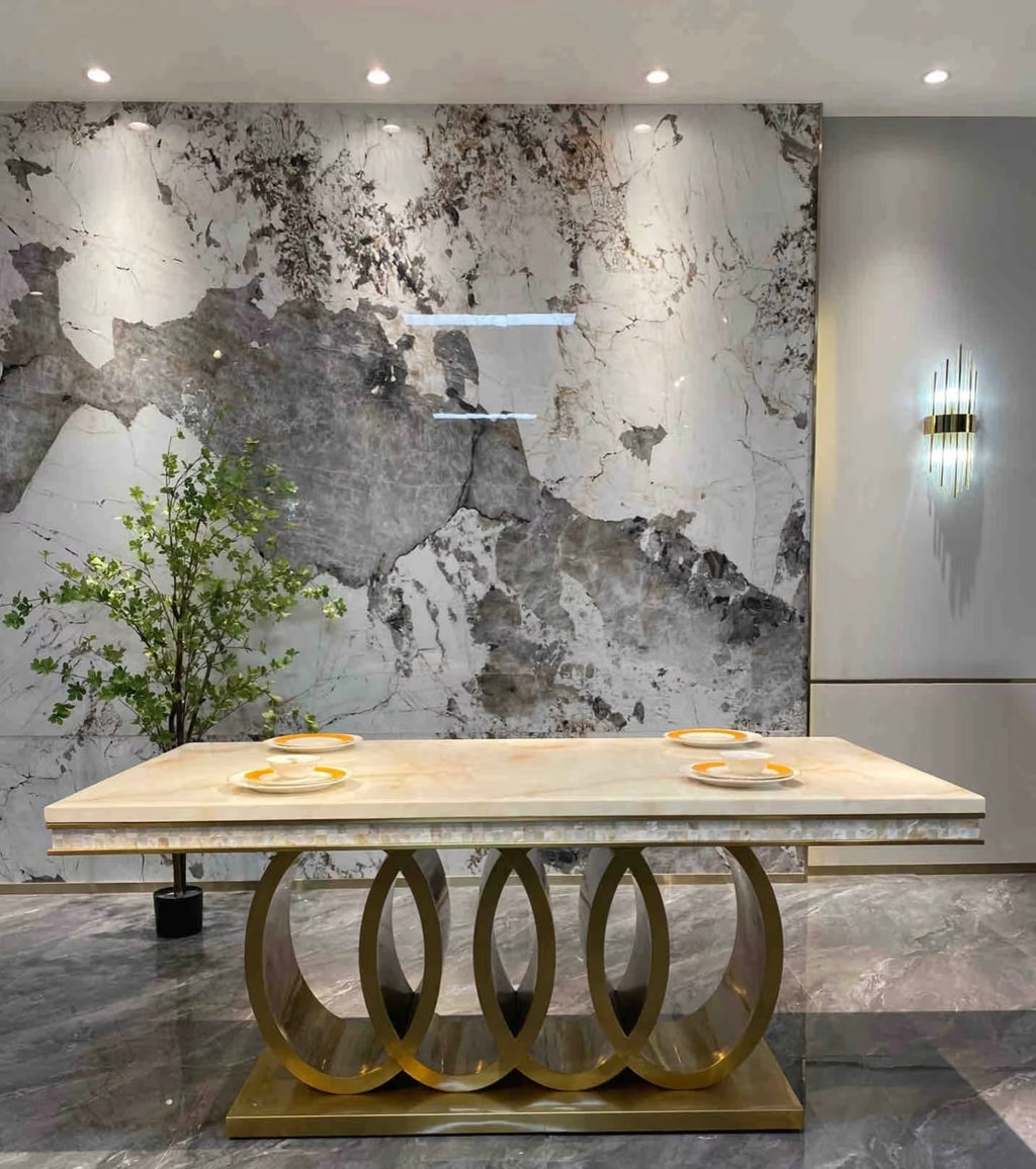 Zephyr Luxurious Gold Stainless Steel Dining Table with Marble Countertop for European Villa-style Large Dining Rooms