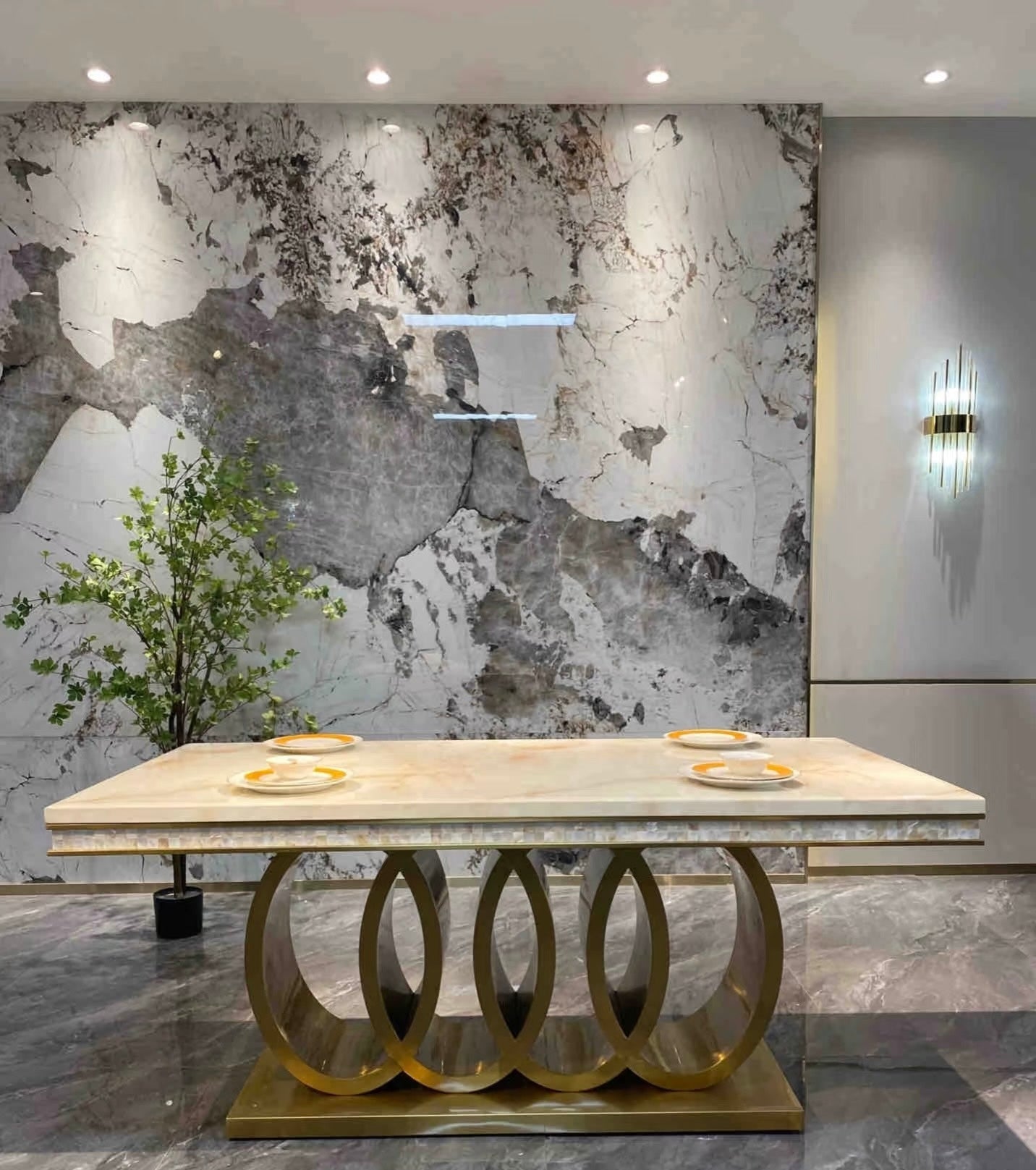 Zephyr Luxurious Gold Stainless Steel Dining Table with Marble Countertop for European Villa-style Large Dining Rooms