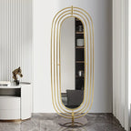 Klein Oval Decorative Full Length Standing Floor Mirror Decor in Gold with Marble Base