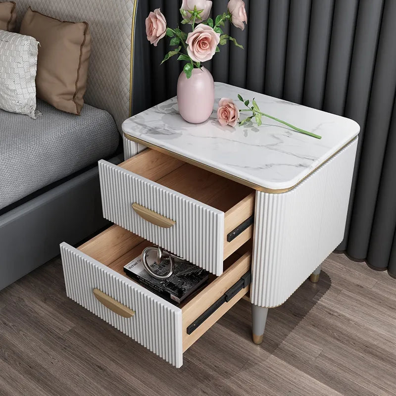 Embre Modern White Bed Side Table With Marble Top