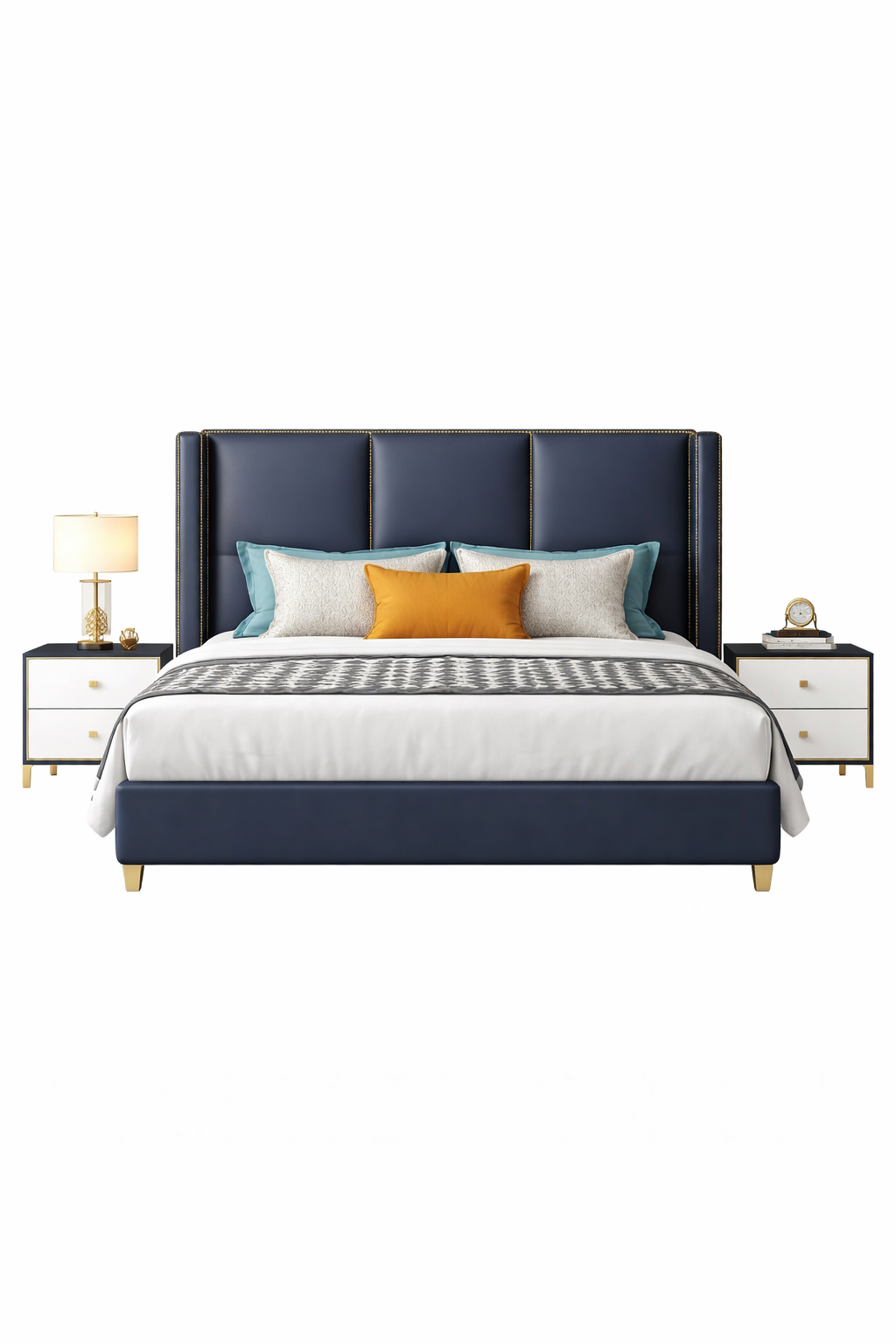 Zen Modern Upholstered Luxury Bed In Blue Leatherette