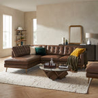Lasha Leather Tan Chaise Sectional Sofa