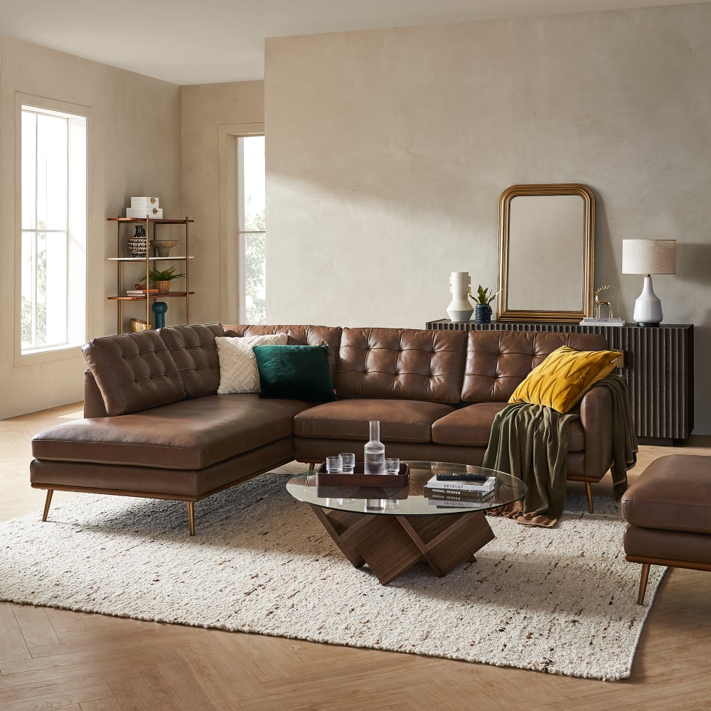 Lasha Leather Tan Chaise Sectional Sofa