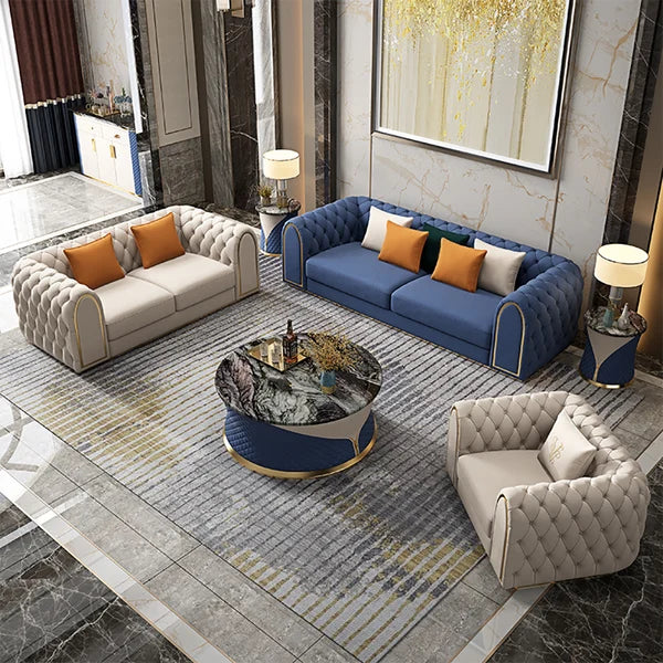 Arzo Modern Luxury Velvet Upholstered Chesterfield Sofa Set