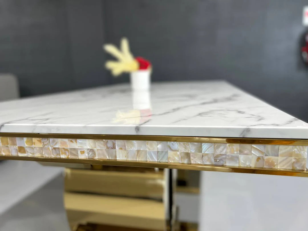 Zora Luxurious Gold Stainless Steel Dining Table with Marble Countertop