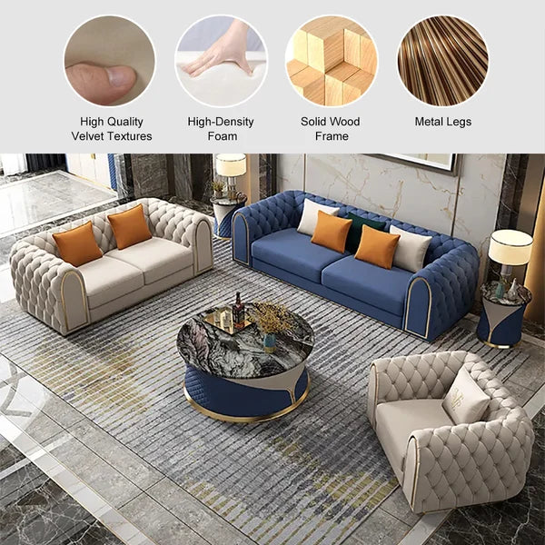 Arzo Modern Luxury Velvet Upholstered Chesterfield Sofa Set