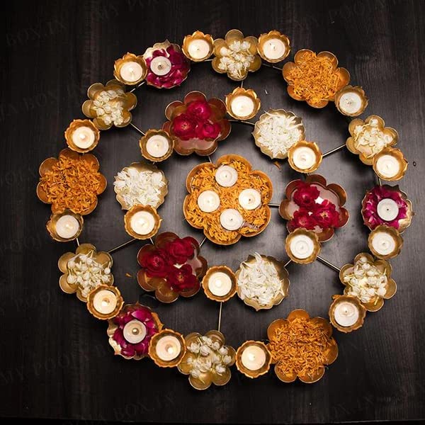 Shakti Metal Decorative Rangoli Urli Bowl with T-Light Candle Holder