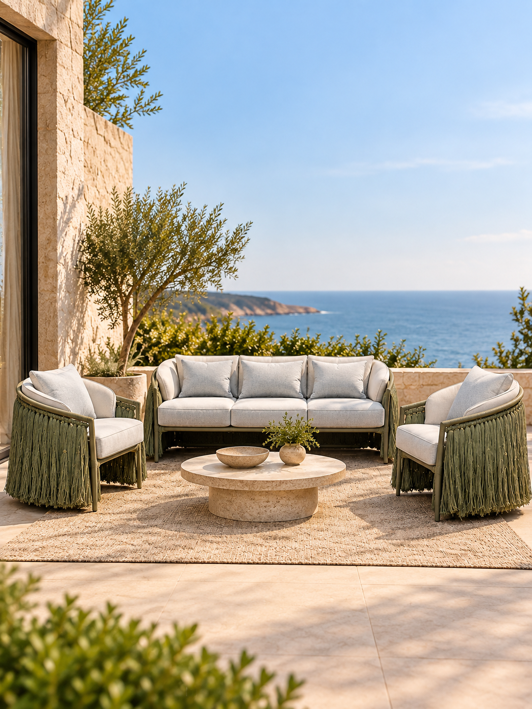 The Verdelle Outdoor Sofa — Luxury Woven Fringe Sofa