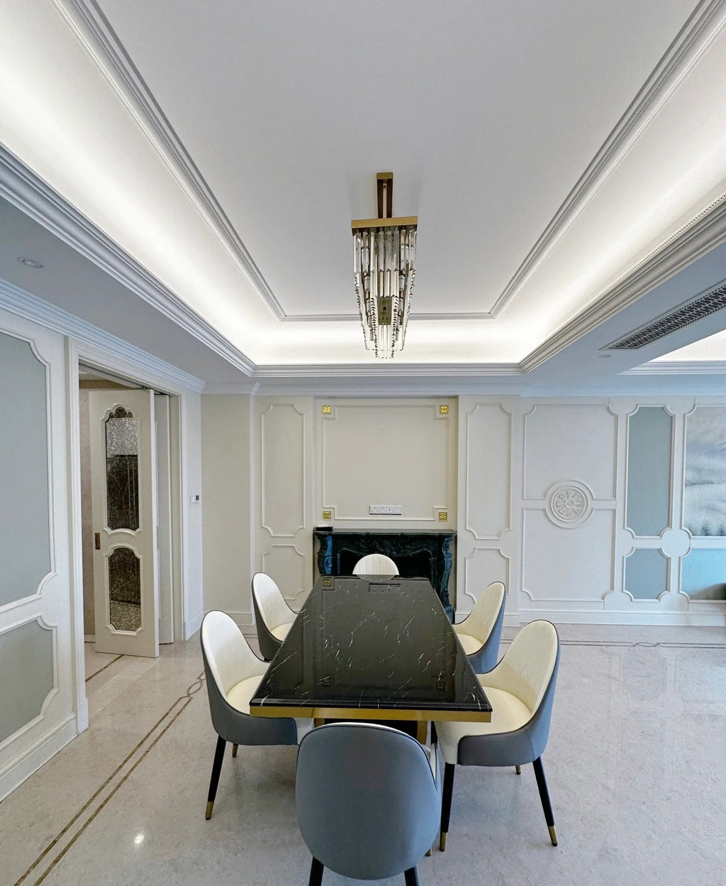 Orion Modern Luxury Dining Table featuring Natural Marble Top and Metal Frame