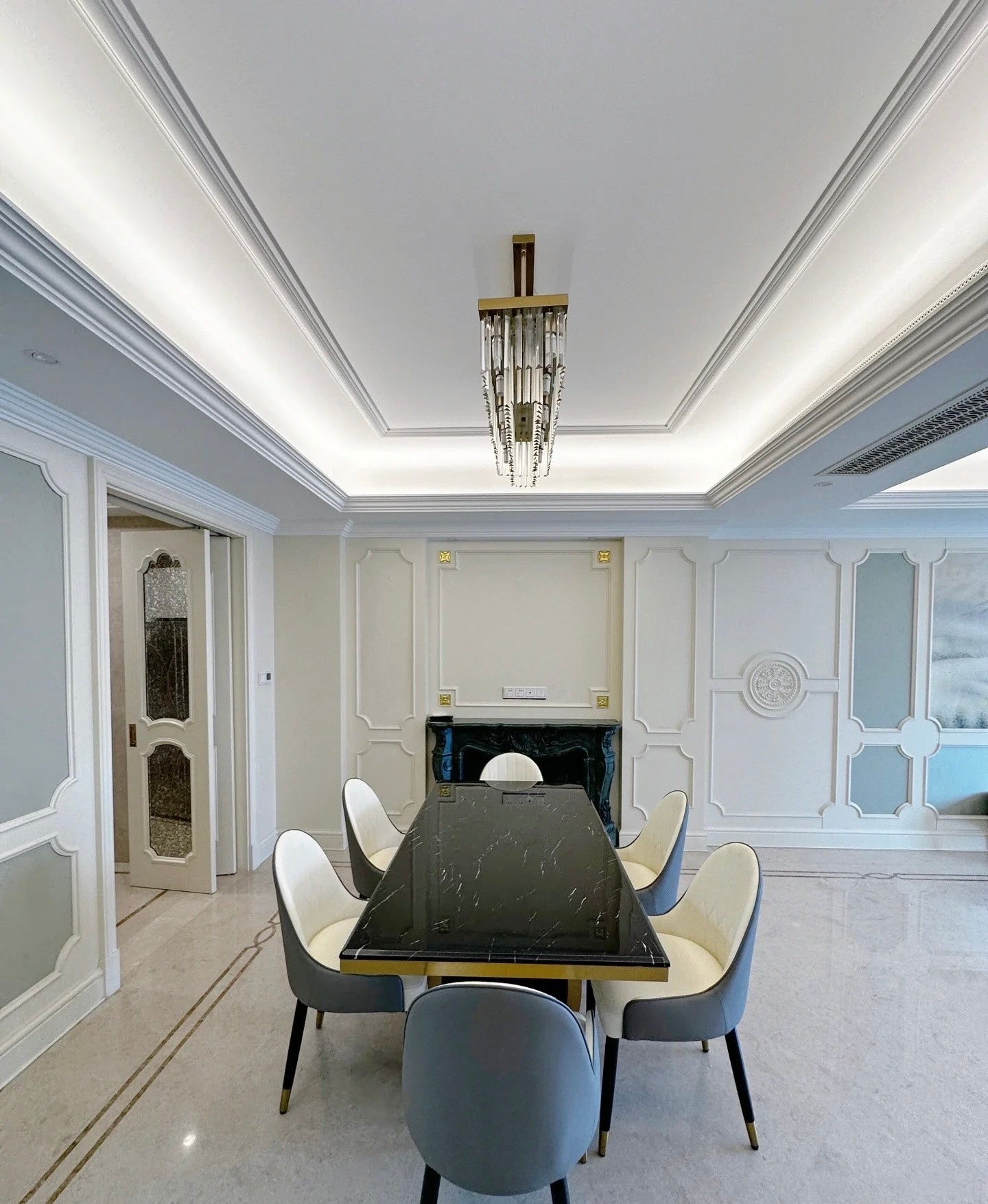 Orion Modern Luxury Dining Table featuring Natural Marble Top and Metal Frame