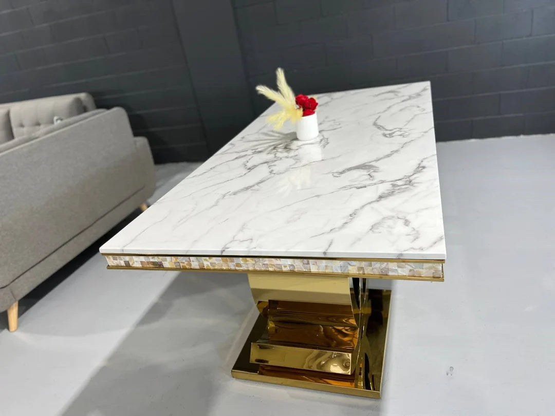 Zora Luxurious Gold Stainless Steel Dining Table with Marble Countertop