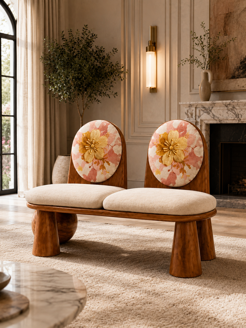 The Rosé Bloom Bench — Luxury Teak Wood 2 Seater Bench