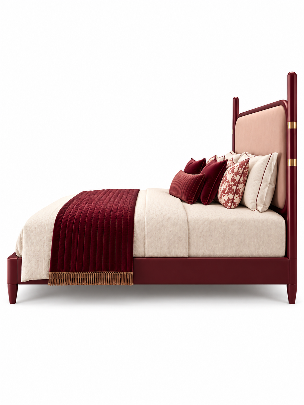 The Ivora Bed — Luxury Upholstered Bed with Burgundy Finish