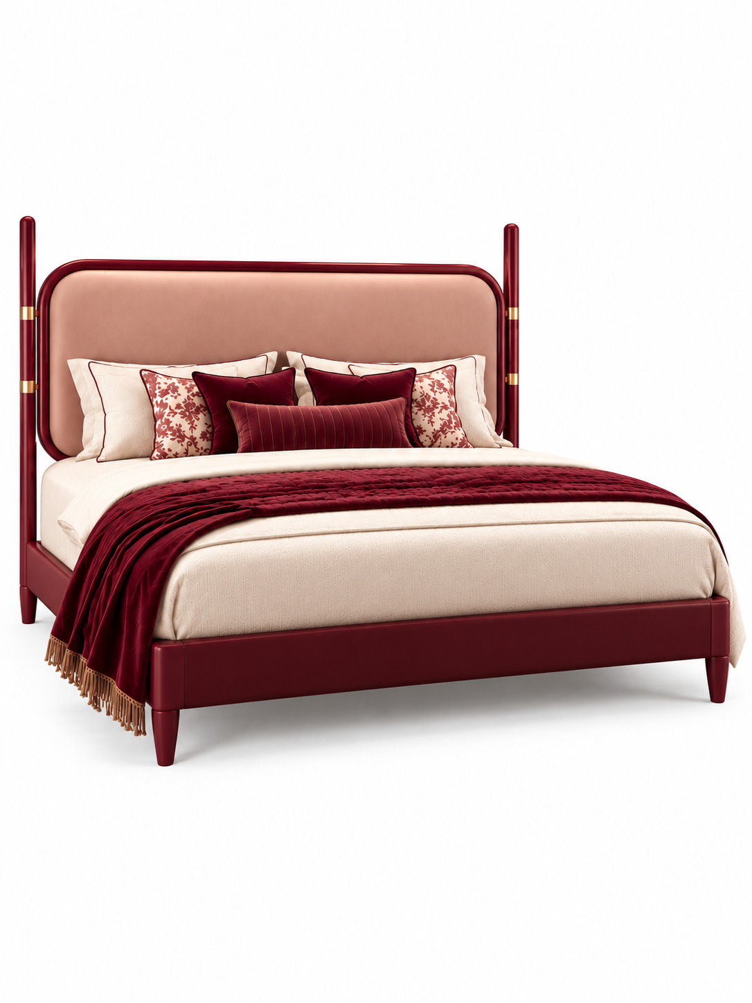 The Ivora Bed — Luxury Upholstered Bed with Burgundy Finish
