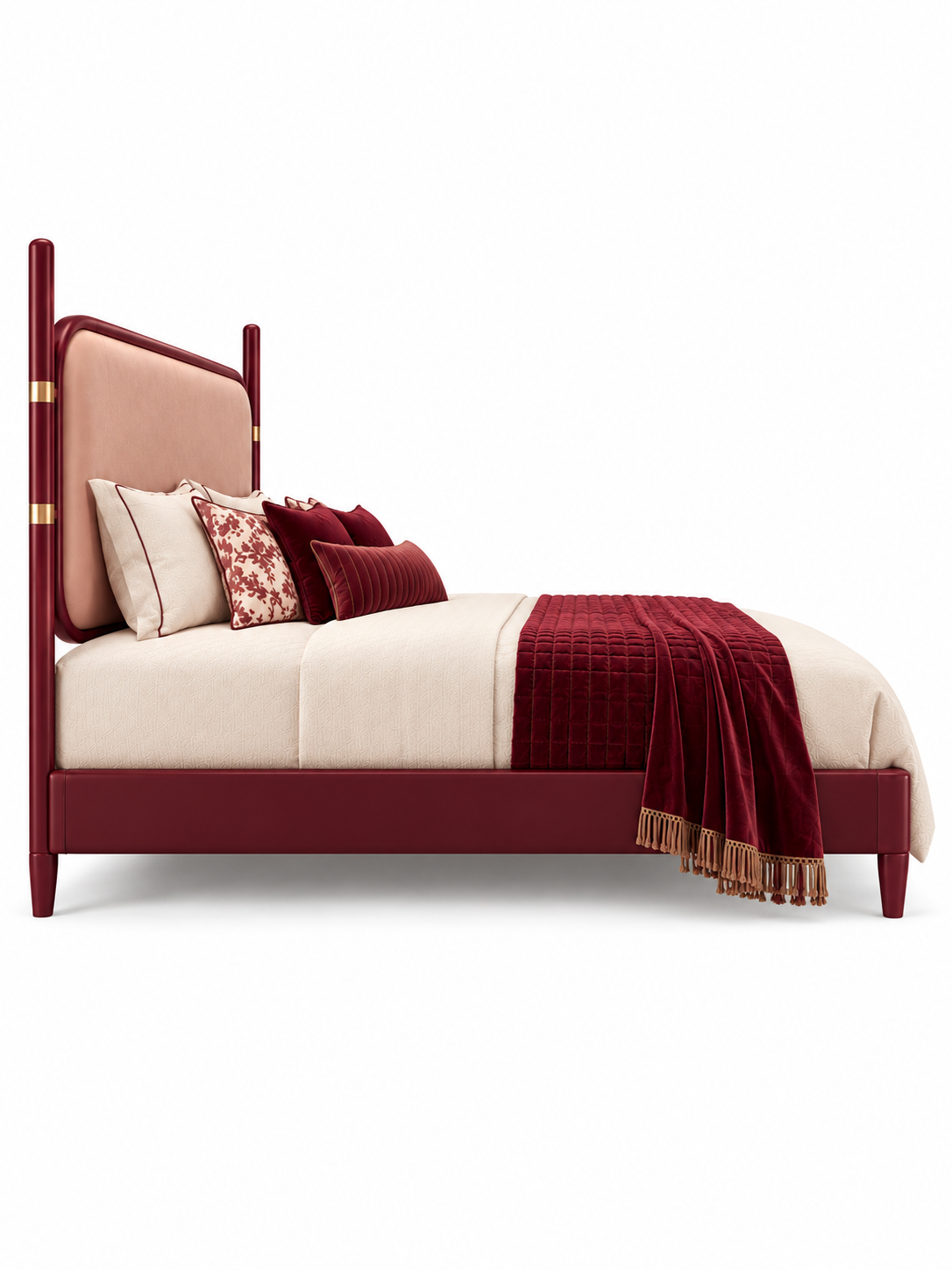The Ivora Bed — Luxury Upholstered Bed with Burgundy Finish