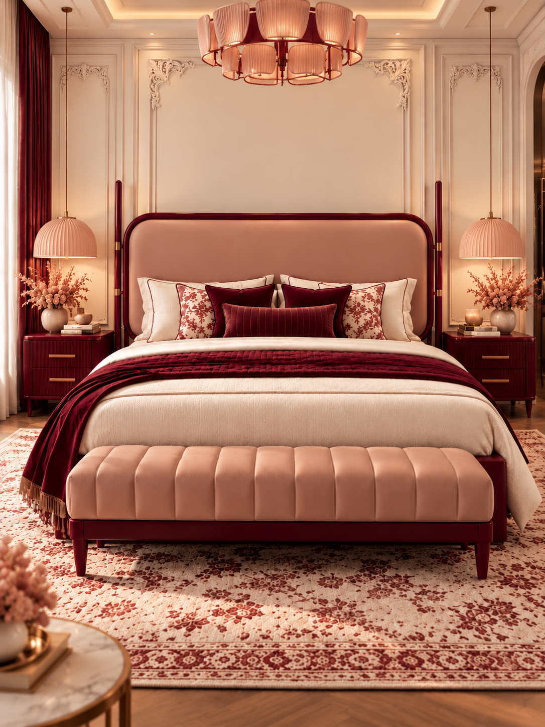 The Ivora Bed — Luxury Upholstered Bed with Burgundy Finish