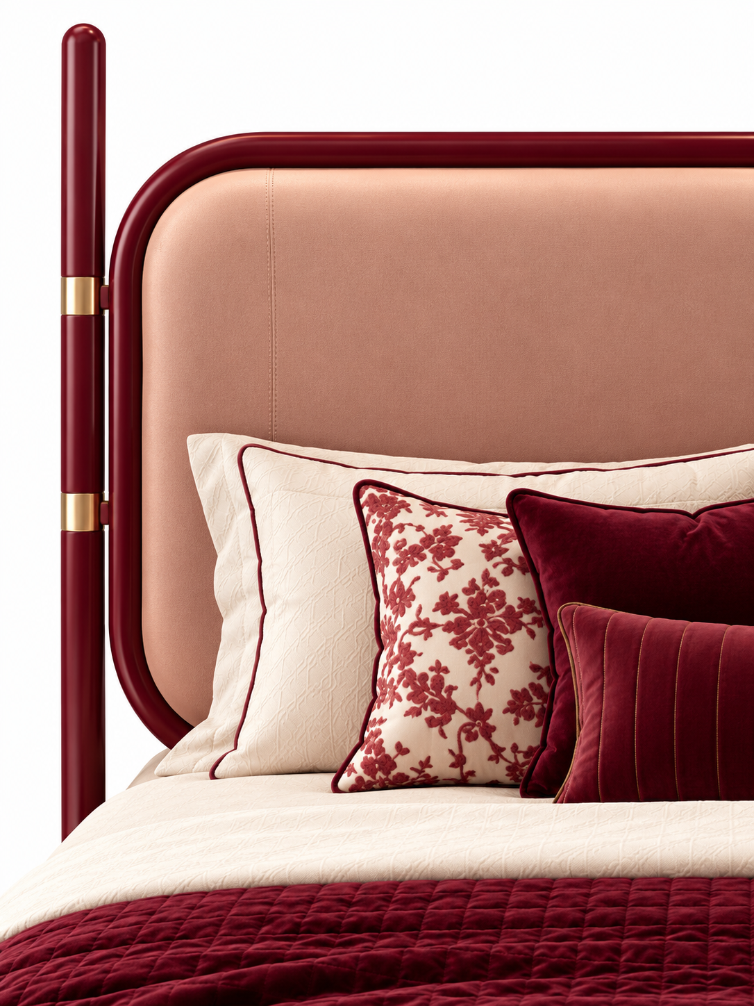 The Ivora Bed — Luxury Upholstered Bed with Burgundy Finish