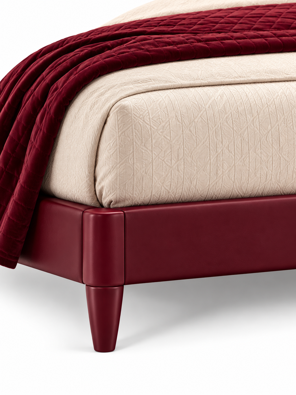 The Ivora Bed — Luxury Upholstered Bed with Burgundy Finish