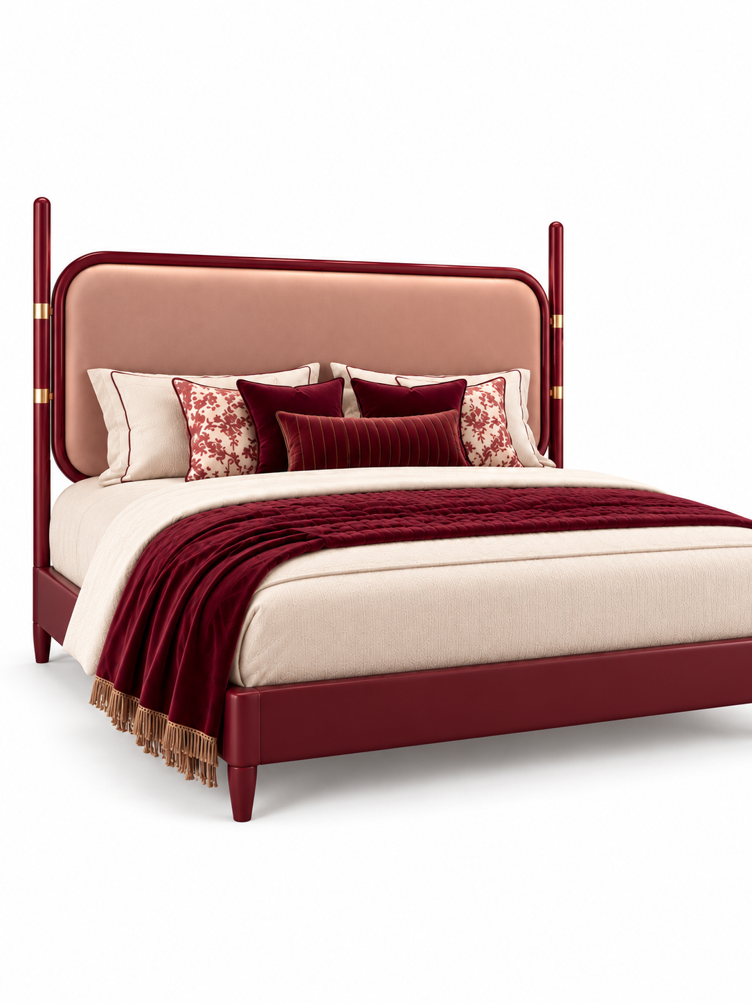 The Ivora Bed — Luxury Upholstered Bed with Burgundy Finish