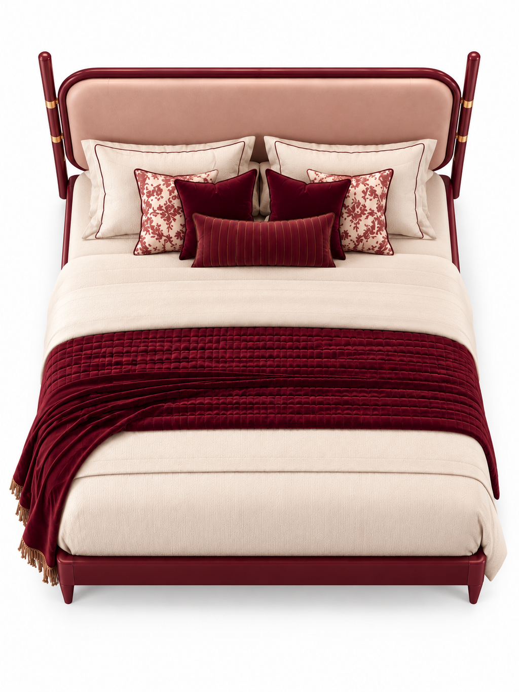 The Ivora Bed — Luxury Upholstered Bed with Burgundy Finish